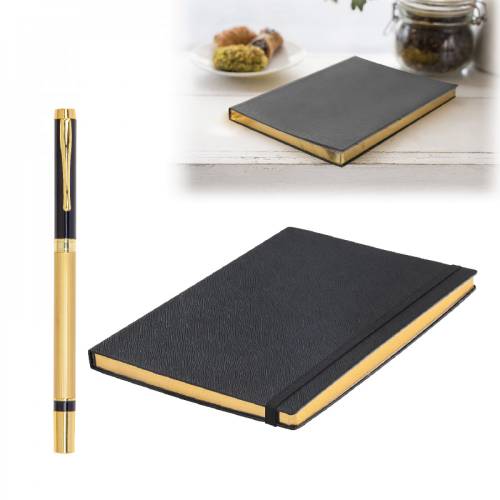 Kişiye Özel Hediyelik Set - Yaldız Kenar Not Defteri - Metal Roller Kalem